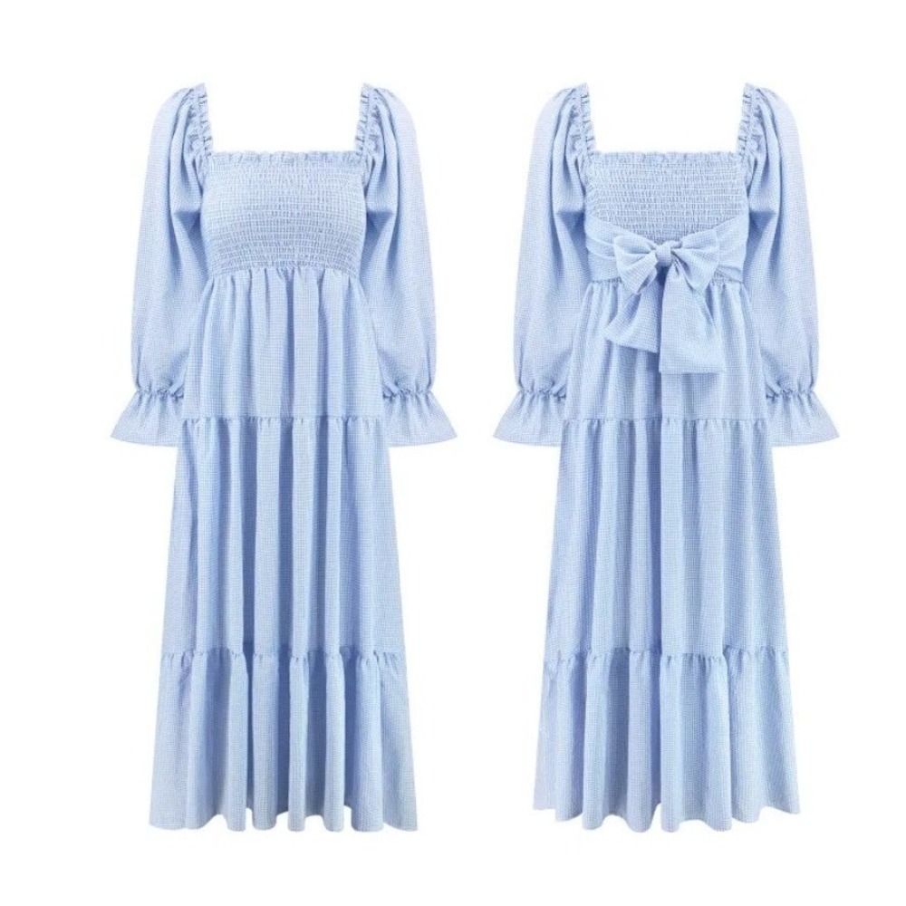 R.Vivimos Blue Gingham Smocked Puff Sleeve Midi Nap Dress M Cottage Prairie Boho